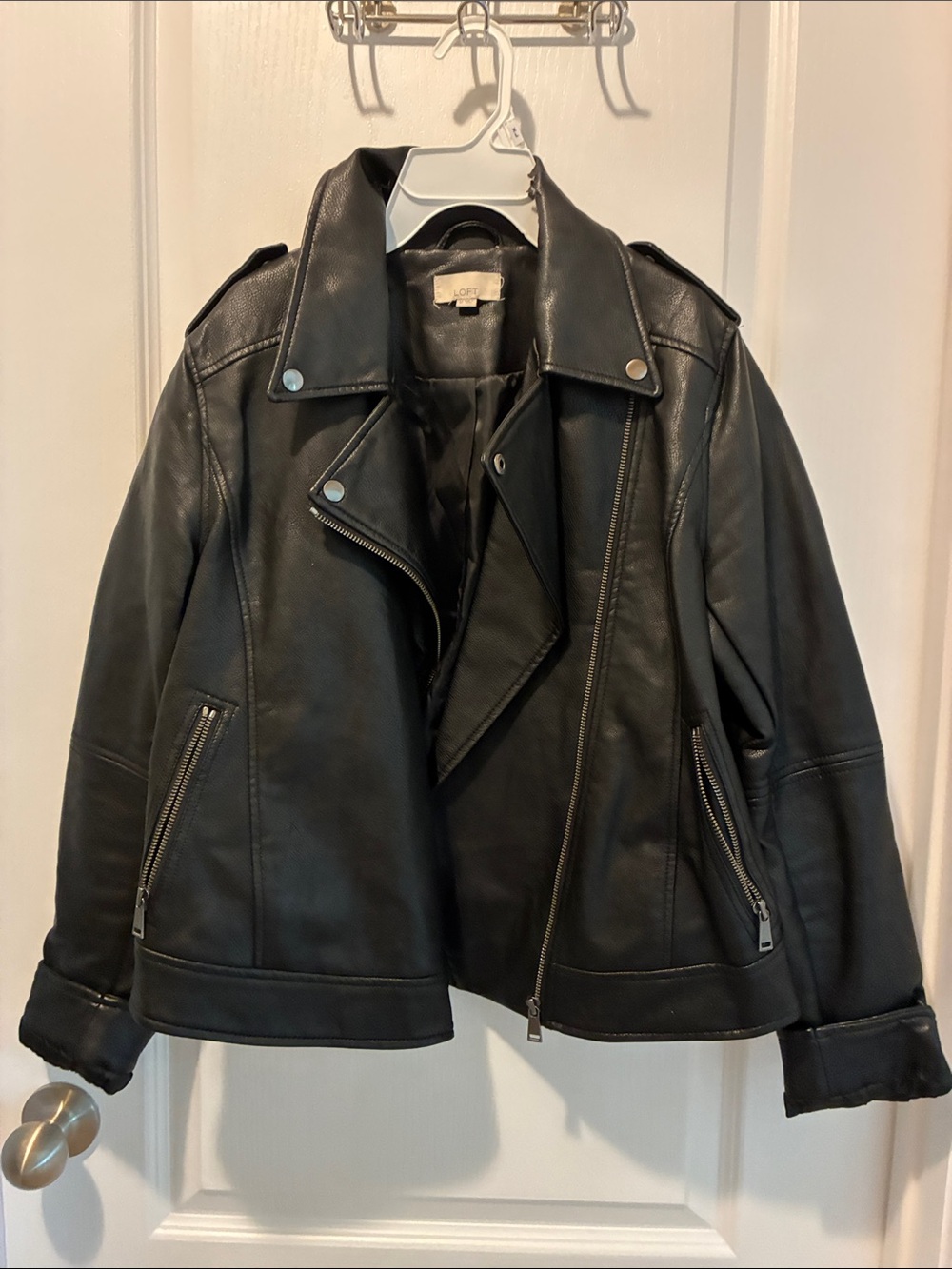 LOFT Black Faux Leather Moto Jacket with Zip Accents